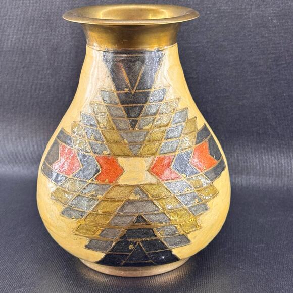 Vintage Enamel On Brass Geometric Vase Made In India - Picture 1 of 7